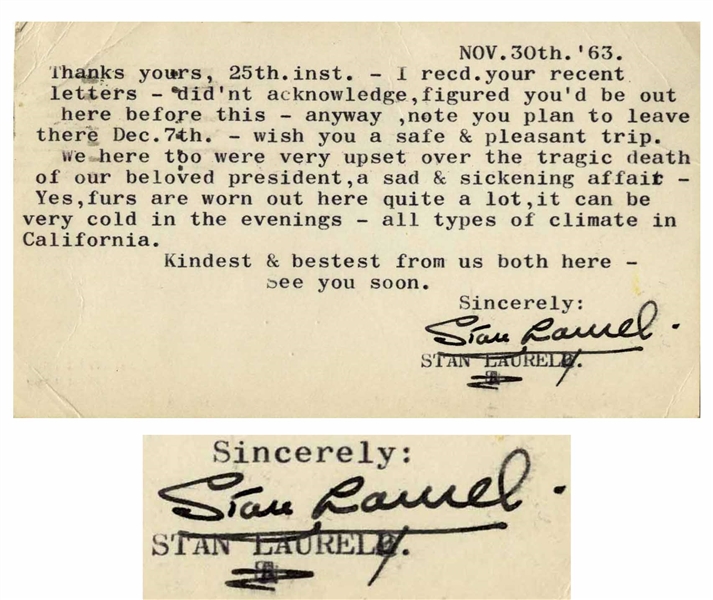 Stan Laurel Typed Postcard Signed Just Days After the Death of JFK -- ''...We here too were very upset over the tragic death of our beloved president...''
